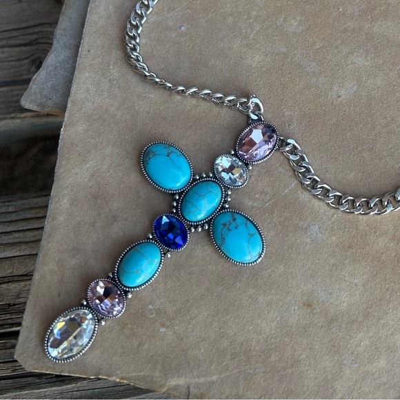 Statement Turquoise and Silver Cross Pendant Necklace NWT - Picture 5 of 9